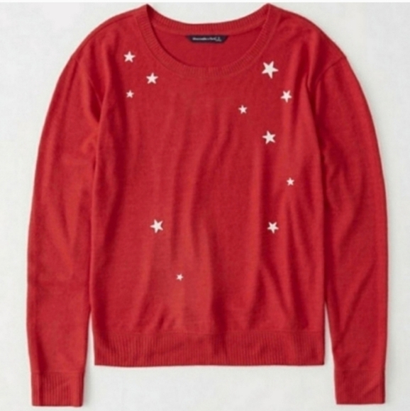 Abercrombie & Fitch Red & White Star Print Plush Knit Ribbed Crewneck Sweater - Picture 3 of 10